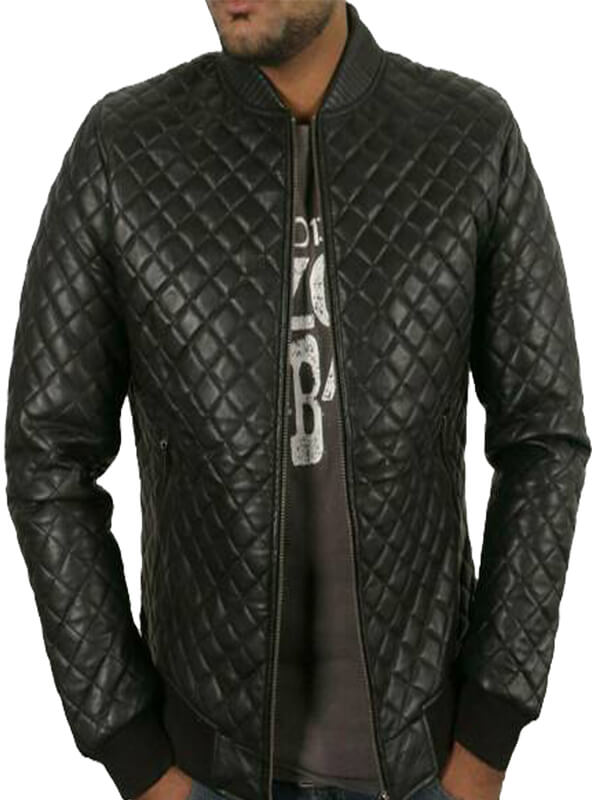 Black Quilted Bomber Leather Jacket For Men 