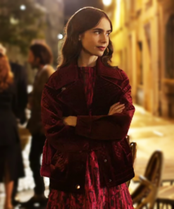 Emily In Paris Lily Collins Velvet Maroon Jacket