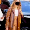 Hailey Bieber Brown Leather Coat