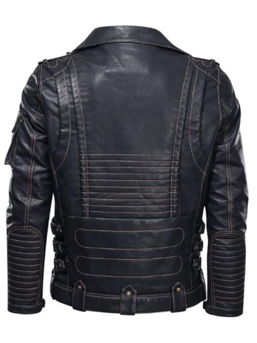 Men Biker Blue Leather Zipper Jacket