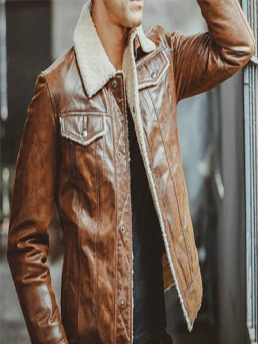 Brown Distressed Café Racer Shearling Jacket