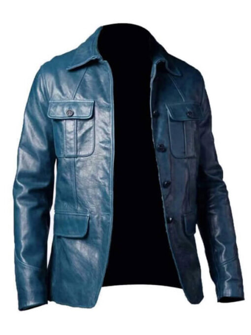 Blue Men's Leather Coat