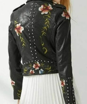 Spring Women Elegant Floral Print Embroidery Faux Leather Jacket Zipper Soft Faux Coat