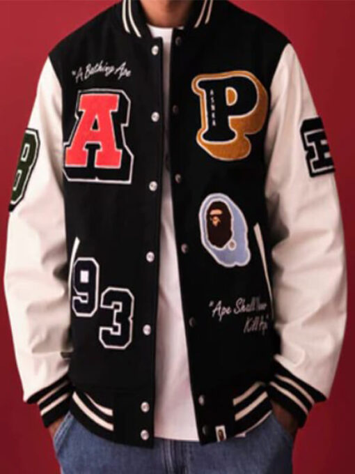 BAPE Crazy Patch Black Varsity Jacket Sax