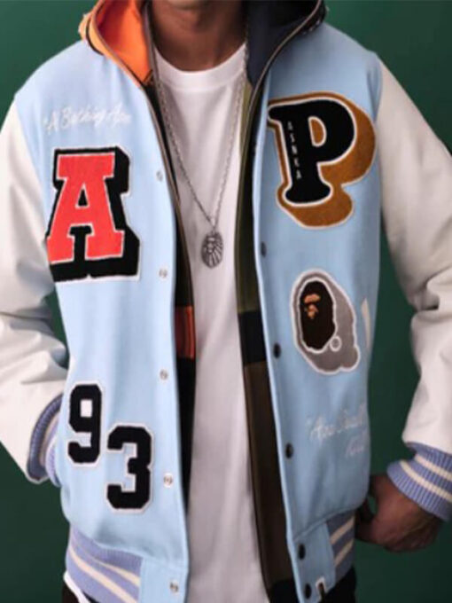 BAPE Crazy Patch Blue Varsity Jacket Sax