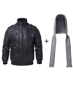 Removable Hood Black Leather Motorcycle Jacket