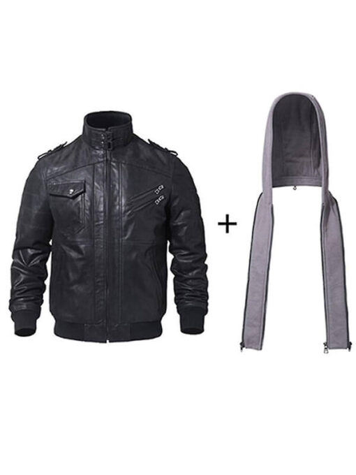 Removable Hood Black Leather Motorcycle Jacket