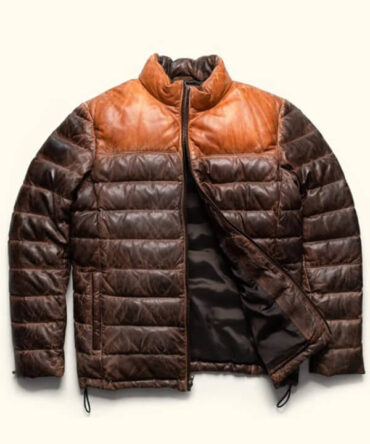 Tan-brown Puffer Leather Jacket