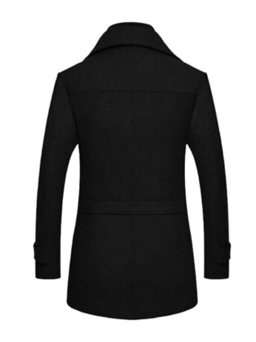 Men's Black Notch Lapel Collar Wool Trench Coat