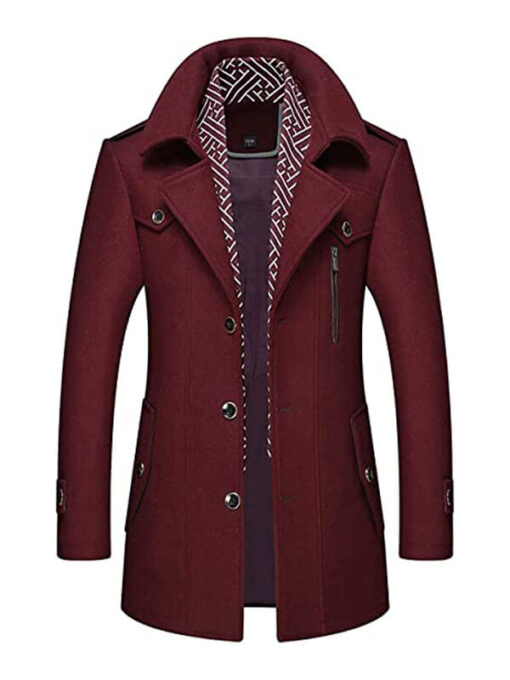 Men's Burgundy Thick Woolen Coat