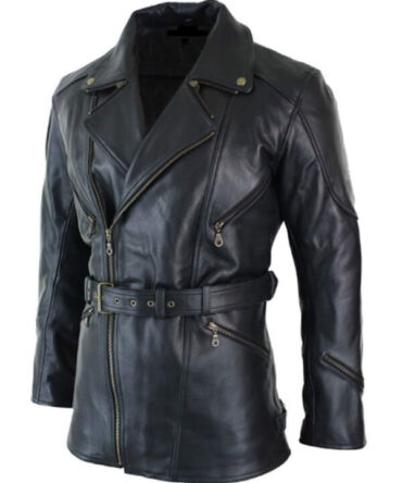 Men's Cross Zipper Leather Black Motorcycle Long Jacket