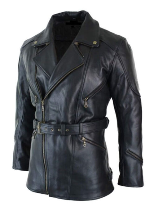 Men's Cross Zipper Leather Black Motorcycle Long Jacket