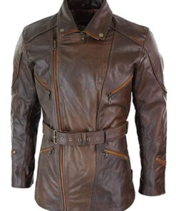 Men's Cross Zipper Leather Brown Motorcycle Long Jacket