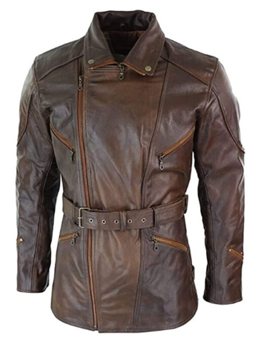 Men's Cross Zipper Leather Brown Motorcycle Long Jacket