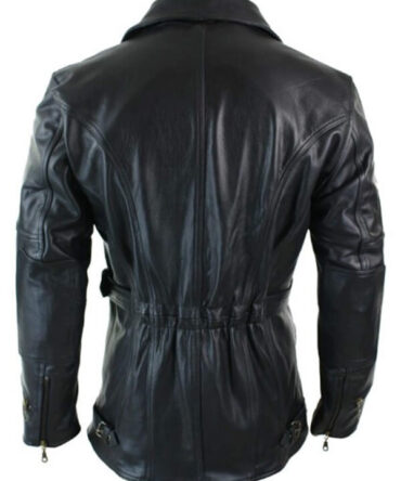 Mens Cross Zip Belted Black Motorcycle Long Leather Biker Jacket