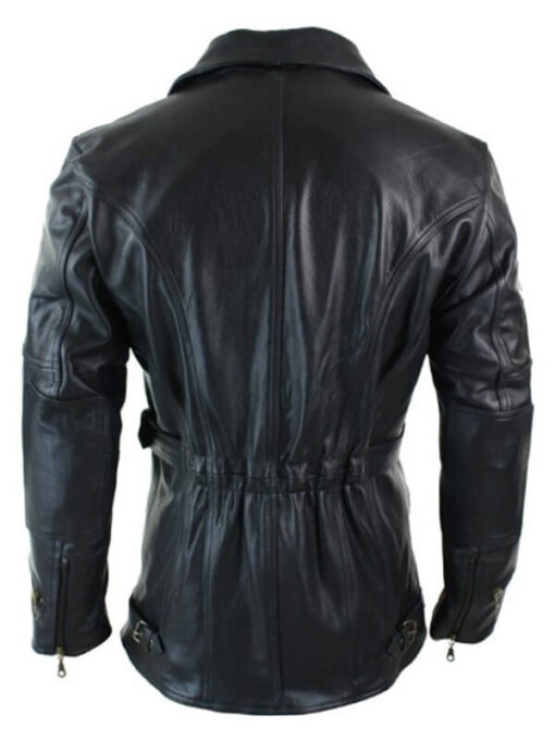 Mens Cross Zip Belted Black Motorcycle Long Leather Biker Jacket