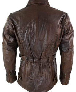 Mens Cross Zip Belted Brown Motorcycle Long Leather Biker Jacket