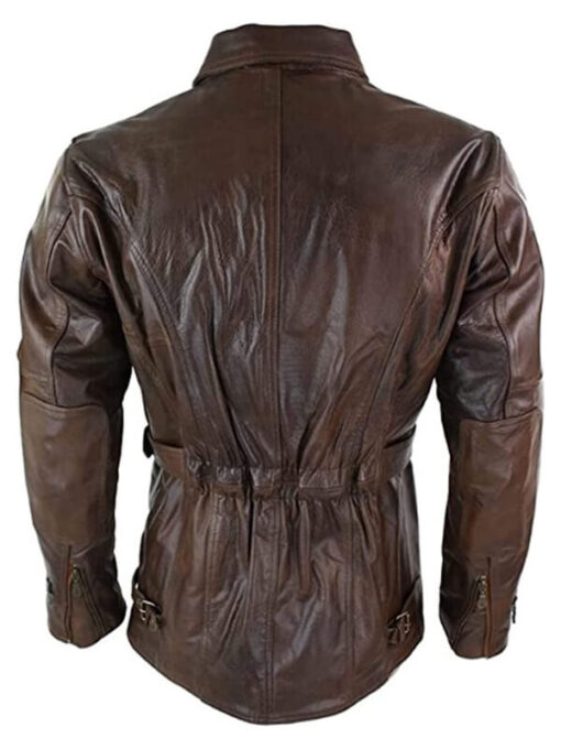 Mens Cross Zip Belted Brown Motorcycle Long Leather Biker Jacket