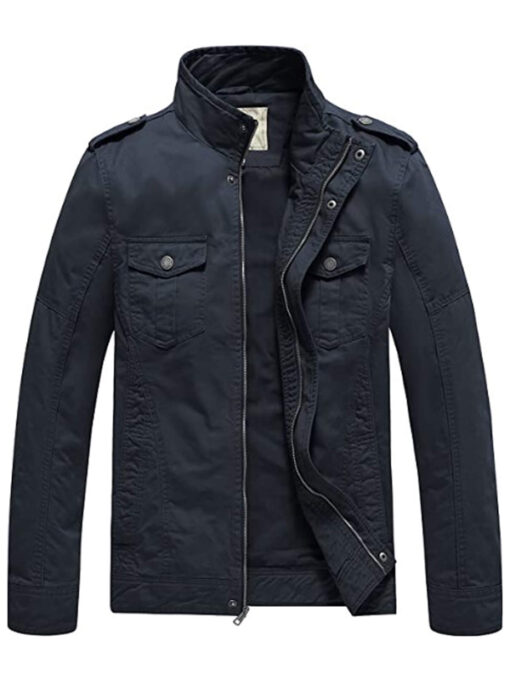 Men's Navy Blue Casual Washed Cotton Military Jacket