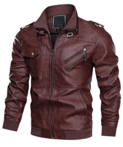 Removable Hood Red Leather Motorcycle Jacket