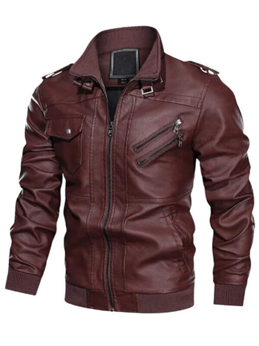 Removable Hood Red Leather Motorcycle Jacket