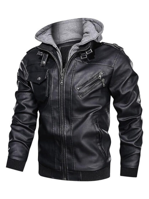 Removable Hood Motorcycle Leather Jacket