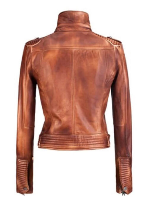 Vintage Style Distressed Tan Band Collar Biker Leather Jacket