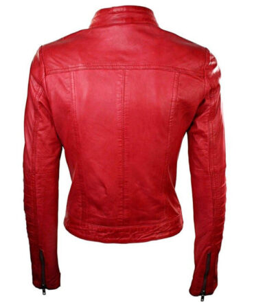 Western Style Women Red Leather Jacket Basic Biker Zip Coat