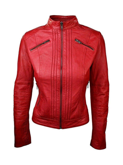 Stylish Red Sheepskin Biker Jacket For Women’s