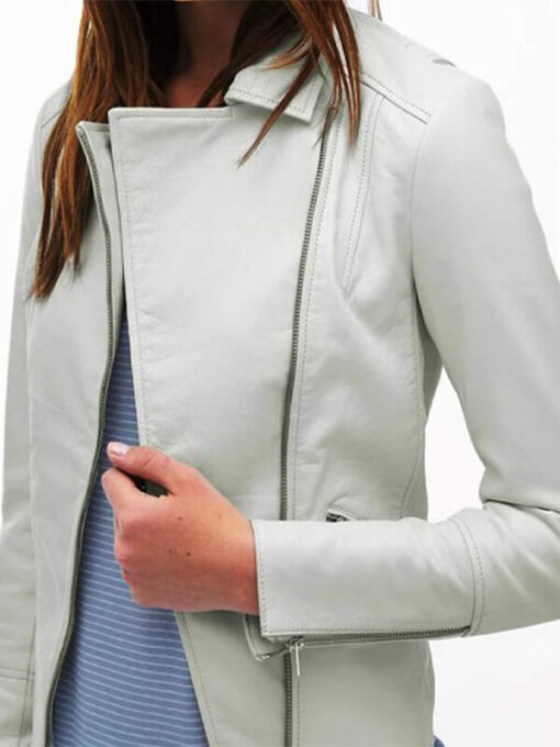 Women White Leather Biker Jacket