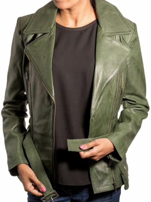 Ladies Bottle Green Belted Biker Style Leather Jacket: Aurora