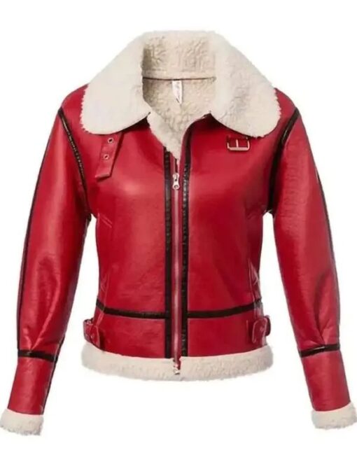 Women’s Christmas Shearling Red Color Leather Jacket