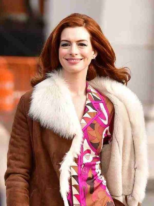 Anne Hathaway Shearling Brown Suede Leather Coat