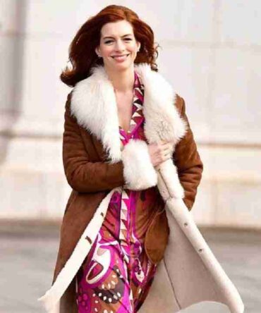 Actress Anne Hathaway Shearling Brown Suede Leather Coat